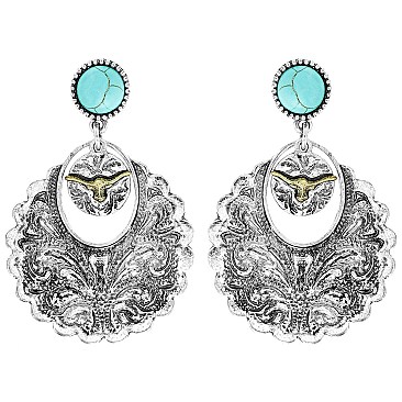 FASHION STEER SKULL WESTERN STYLE TURQUOISE DANGLE EARRINGS