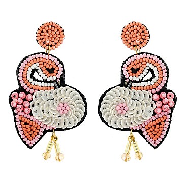 ATTRACTIVE TROPICAL SEED BEAD EARRINGS - FLAMINGO