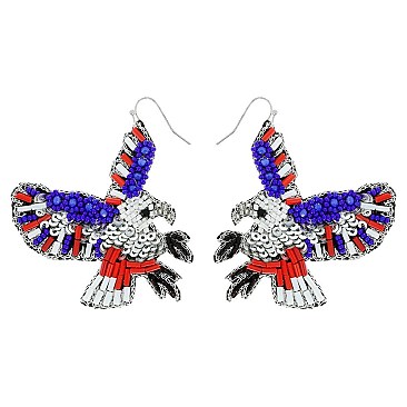 FASHION PATRIOTIC USA THEME EAGLE SEED BEAD DANGLE EARRINGS
