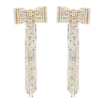 4 INCH BOW RIBBON FRINGE EARRINGS with crystals