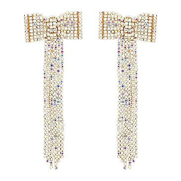 4 INCH BOW RIBBON FRINGE EARRINGS with crystals