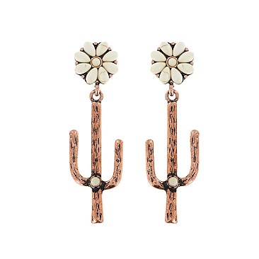 TRENDY WESTERN CACTUS FLOWER DANGLE EARRINGS