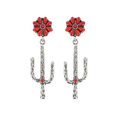 TRENDY WESTERN CACTUS FLOWER DANGLE EARRINGS