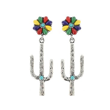 TRENDY WESTERN CACTUS FLOWER DANGLE EARRINGS