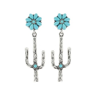 TRENDY WESTERN CACTUS FLOWER DANGLE EARRINGS