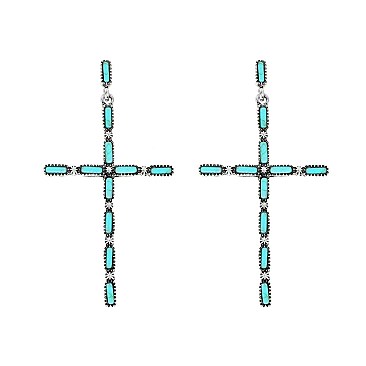 STYLISH WESTERN TURQUOISE CROSS DROP EARRINGS