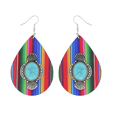 TRENDY OVAL TURQUOISE CENTER WESTERN SERAPE STRIPE WOODEN TEARDROP DANGLE EARRINGS