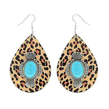 TRENDY OVAL TURQUOISE CENTER WESTERN SERAPE STRIPE WOODEN TEARDROP DANGLE EARRINGS