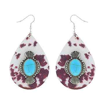 TRENDY OVAL TURQUOISE CENTER WESTERN SERAPE STRIPE WOODEN TEARDROP DANGLE EARRINGS