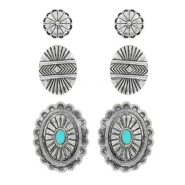 FASHIONABLE WESTERN STYLE 3PAIR CONCHO EARRINGS