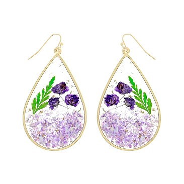 NATURAL STYLISH RESIN DRIED FLOWER TEARDROP EARRINGS