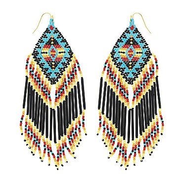 Multicolor Native American Beaded Fringe Drop Earrings