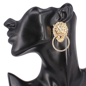 LARGE GOLD LION HEAD STONE KNOCKER EARRINGS
