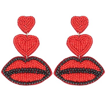 ADORABLE HEART LIPS SEED BEAD DROP EARRINGS