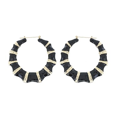 STYLISH LARGE BAMBOO and ENAMEL HOOP EARRINGS