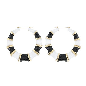 STYLISH LARGE BAMBOO and ENAMEL HOOP EARRINGS