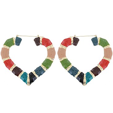 CUTE HEART SHAPED ENAMEL and BAMBOO EARRINGS