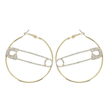 UNIQUE PAVED SAFETY PIN ACCENT CRYSTAL HOOP EARRINGS