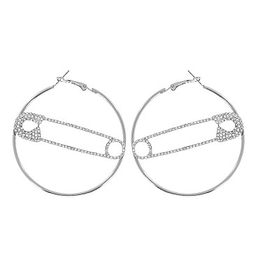 UNIQUE PAVED SAFETY PIN ACCENT CRYSTAL HOOP EARRINGS