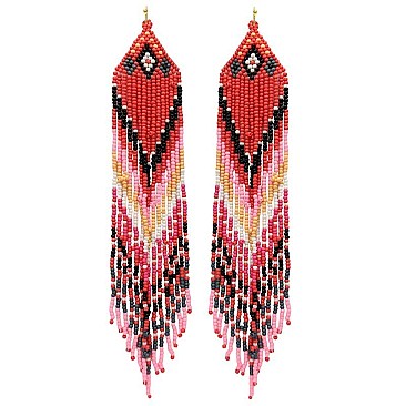 Native American Colorful Cascading Long Drop Fringe Bead Earrings