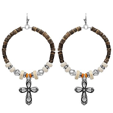 Western Beaded Hoop Drop Earrings with Cross