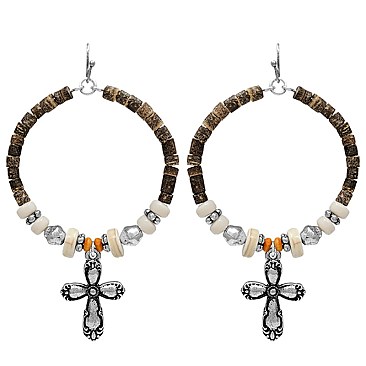 Western Beaded Hoop Drop Earrings with Cross