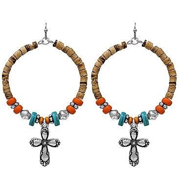 Western Beaded Hoop Drop Earrings with Cross