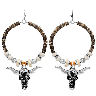 Western Beaded Hoop Drop Earrings with Bull Charm