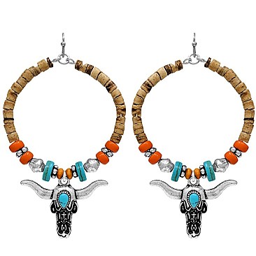 Western Beaded Hoop Drop Earrings with Bull Charm