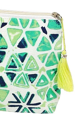 FASHION ABSTRACT POUCH COSMETIC BAG WITH TASSEL