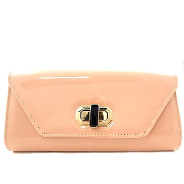 PATENT METAL ACCENT FLAP TWIST LOCK CLUTCH