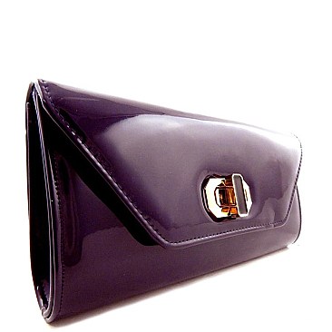 PATENT METAL ACCENT FLAP TWIST LOCK CLUTCH