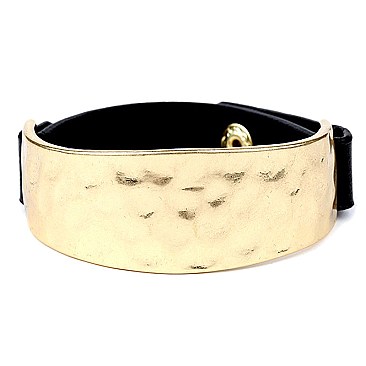 EB0468-LP Hammered Metal Leather Bangle Bracelet