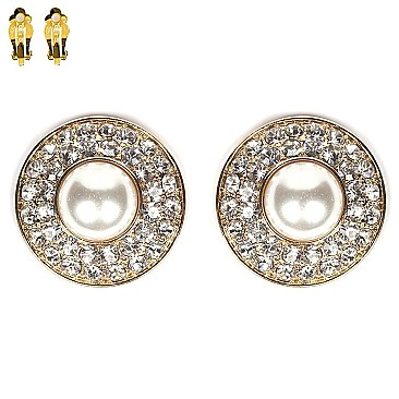 Stone Round Pearl Clip Earrings