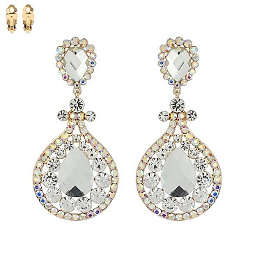 Large 3.5"  GEM STONE CATHEDRAL WINDOW CLIP EARRINGS