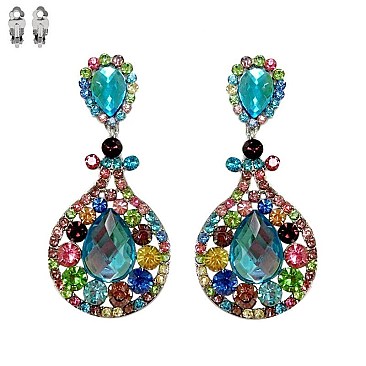 Large 3.5"  GEM STONE CATHEDRAL WINDOW CLIP EARRINGS