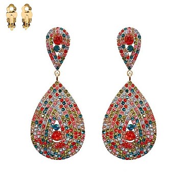 TEAR DROP GEM STONES CLIP EARRINGS
