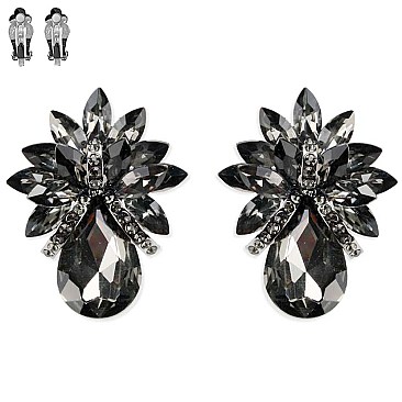 LARGE CRYSTAL PETAL TEARDROP CLIP ON EARRINGS