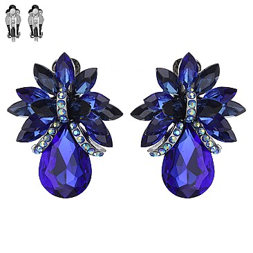 LARGE CRYSTAL PETAL TEARDROP CLIP ON EARRINGS