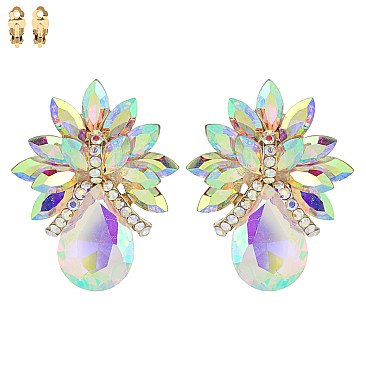 LARGE CRYSTAL PETAL TEARDROP CLIP ON EARRINGS