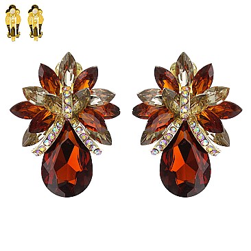 LARGE CRYSTAL PETAL TEARDROP CLIP ON EARRINGS