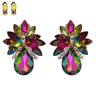 LARGE CRYSTAL PETAL TEARDROP CLIP ON EARRINGS