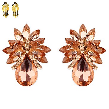 LARGE CRYSTAL PETAL TEARDROP CLIP ON EARRINGS