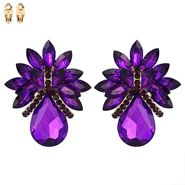 LARGE CRYSTAL PETAL TEARDROP CLIP ON EARRINGS