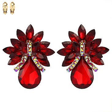 LARGE CRYSTAL PETAL TEARDROP CLIP ON EARRINGS