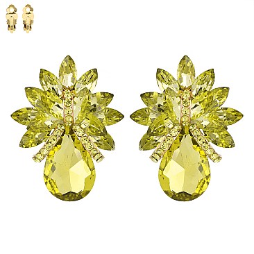 LARGE CRYSTAL PETAL TEARDROP CLIP ON EARRINGS