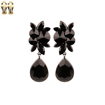 Fashionable Dangling Teardrop Gem with Stone Cluster Metal Clip Earrings SLECQ4279