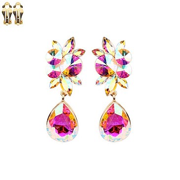 Fashionable Dangling Teardrop Gem with Stone Cluster Metal Clip Earrings SLECQ4279