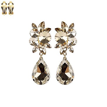 Fashionable Dangling Teardrop Gem with Stone Cluster Metal Clip Earrings SLECQ4279