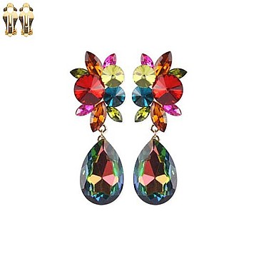 Fashionable Dangling Teardrop Gem with Stone Cluster Metal Clip Earrings SLECQ4279